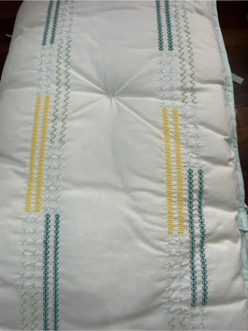 Pottery Barn Kids White Baby Nest with Mint Trim and Yellow Teal Stitching